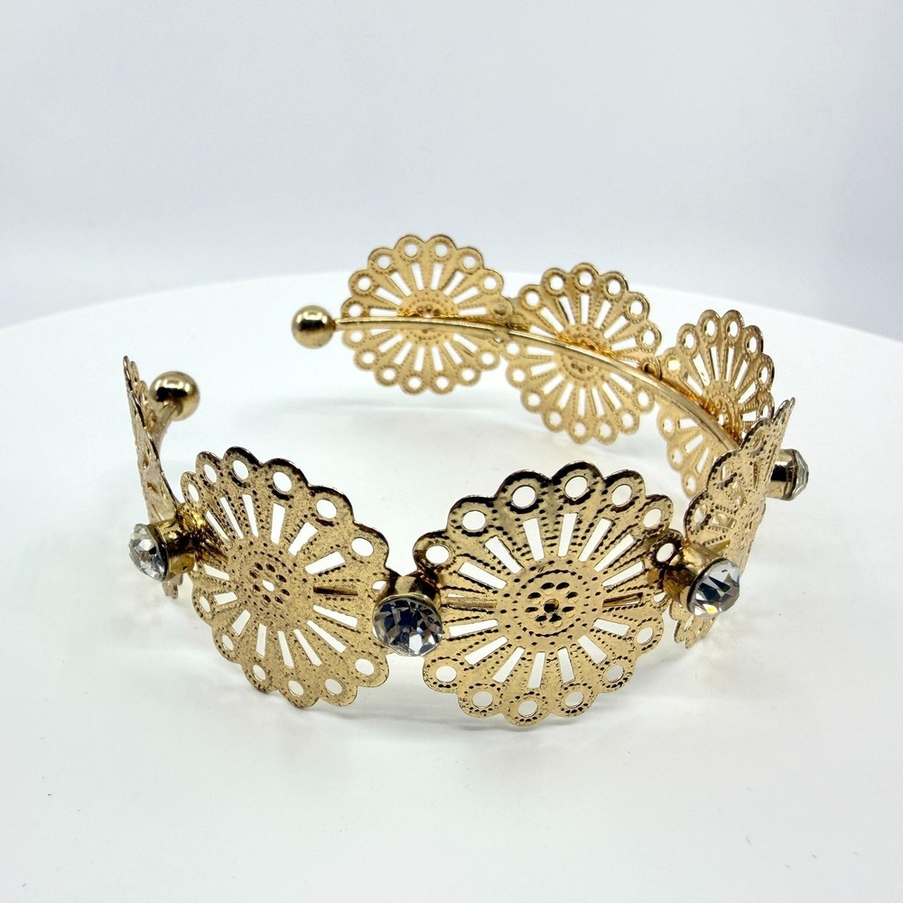 Vintage Gold Tone Filigree Flower Cuff Bracelet with Rhinestones Boho